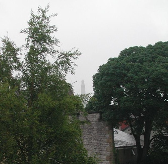 Monument through trees