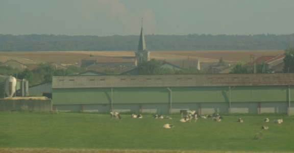 Church behind farm